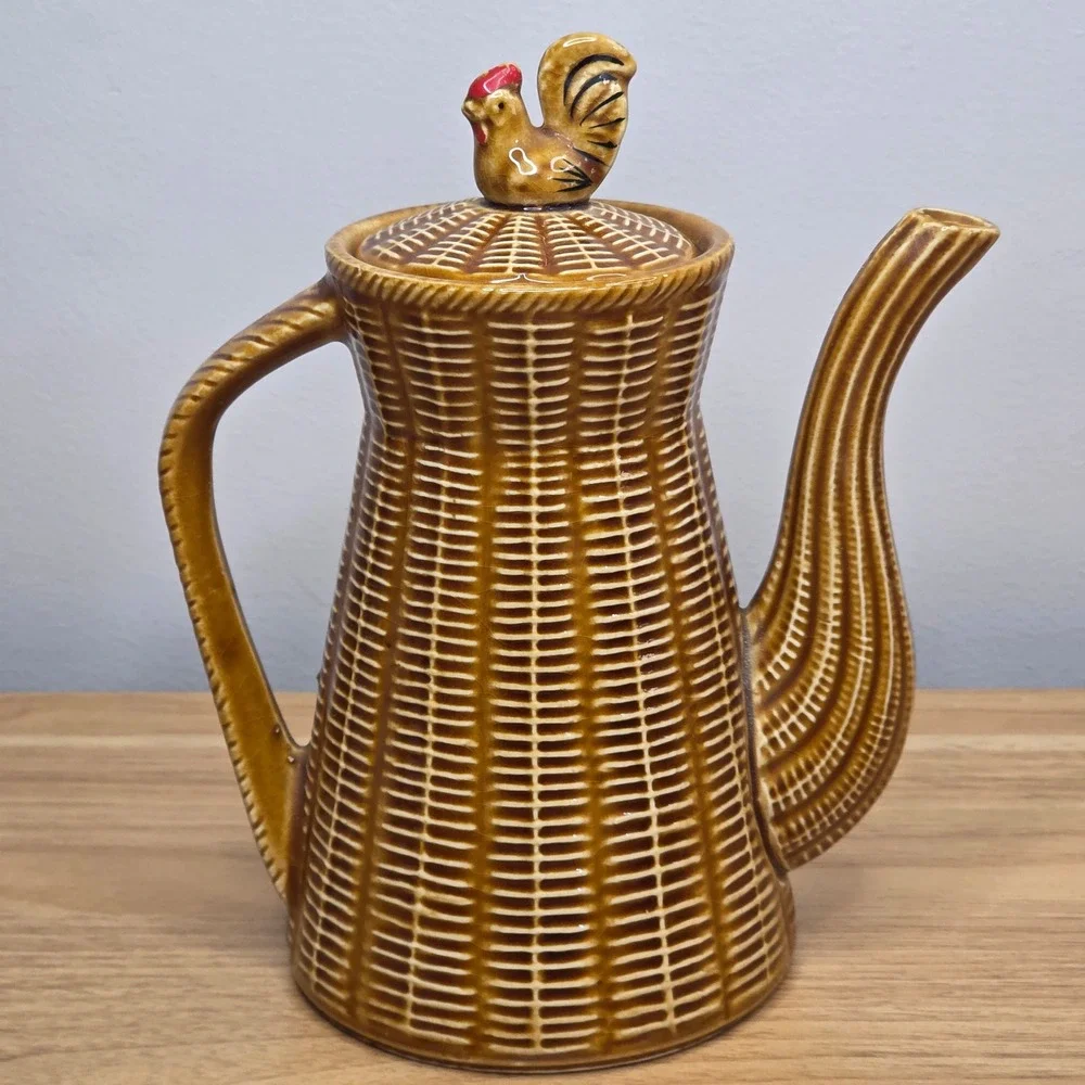 Vintage 1950s Rooster Coffee Tea‎ Pot Basket Weave Wicker Japan Brown Ceramic